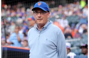Mets owner Steve Cohen stands on the field before a ceremony to honor first baseman Pete Alonso (not pictured) for breaking the Mets all time home run record before a game against the Atlanta Braves at Citi Field.
