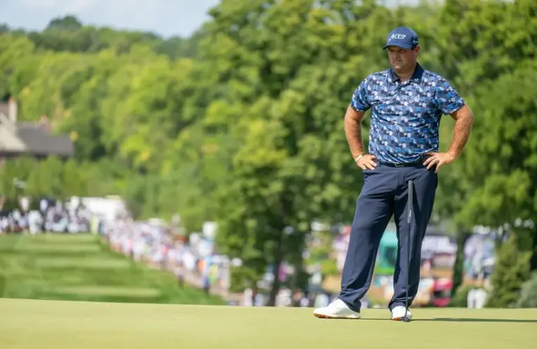 Patrick Reed of 4 Aces GC stands on the 18th green during the final round of LIV Golf Indianapolis