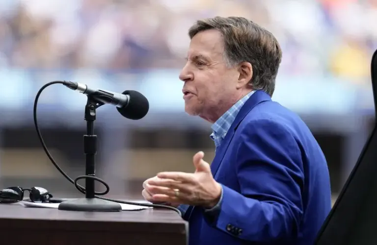 Bob Costas speaks during a celebration of Bob Uecker’s life prior to the game between the San Francisco Giants= and Milwaukee Brewers at American Family Field