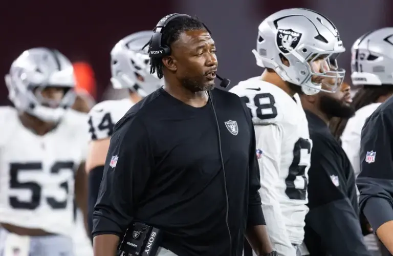 Las Vegas Raiders defensive coordinator Patrick Graham against the Arizona Cardinals during a preseason NFL game at State Farm Stadium.