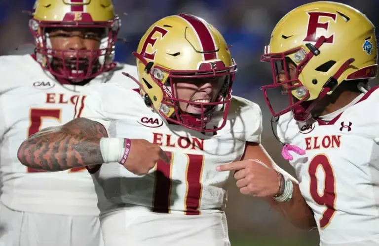 Former Elon Phoenix Now LSU quarterback Landen Clark celebrates his touchdown run