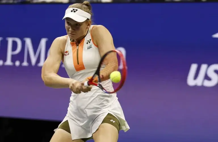 Elena Rybakina (KAZ) hits a backhand against Marketa Vondrousova (not pictured) on day eight of the 2025 US Open tennis championships at Billie Jean King National Tennis Center.
