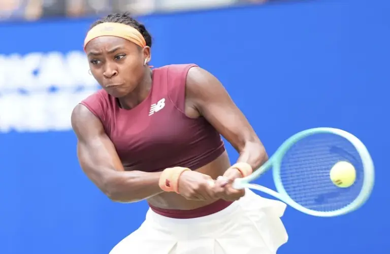 Coco Gauff (USA) hits to Naomi Osaka (JPN) (not pictured) on day nine of the 2025 U.S. Open tennis tournament at the USTA Billie Jean King National Tennis Center.