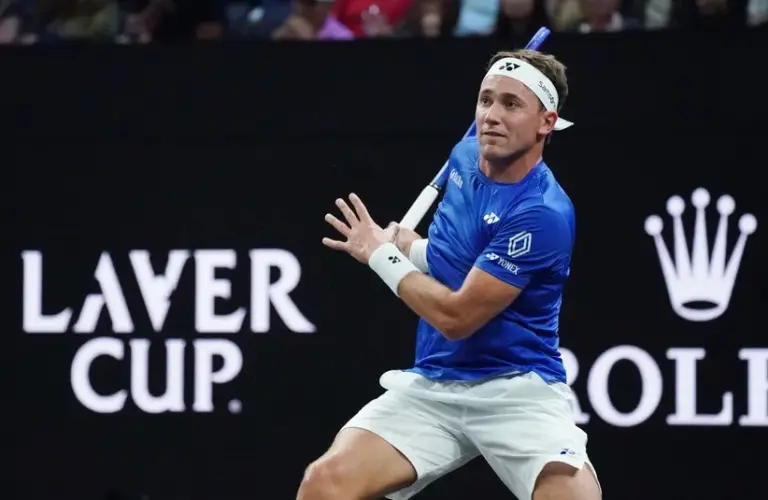 Team Europe player Casper Ruud returns a ball against Team World player Reilly Opelka at the Laver Cup at Chase Center