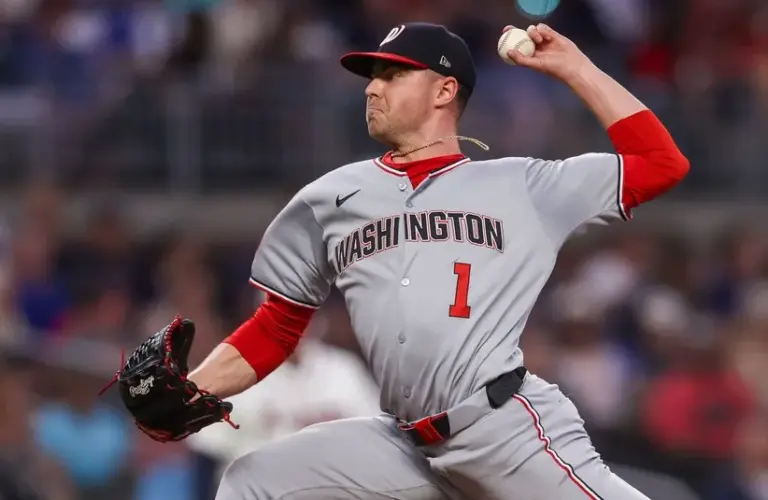 Washington Nationals starting pitcher MacKenzie Gore (1) throws against the Atlanta Braves in the second inning at Truist Park.