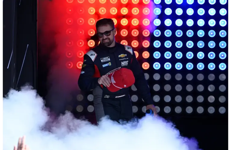 Sep 21, 2025; Loudon, New Hampshire, USA; NASCAR Cup Series driver Ricky Stenhouse Jr. (47) is introduced before the start of the Mobil 1 301 at New Hampshire Motor Speedway.