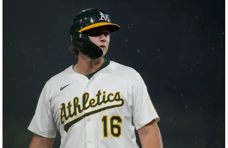 Athletics first baseman Nick Kurtz stands on third base during action against the Houston Astros