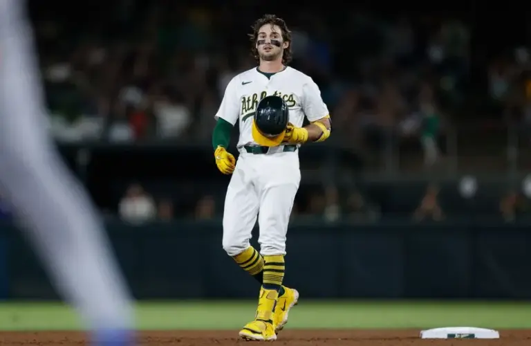Athletics shortstop Jacob Wilson (5) looks on after hitting a three-run RBI double during the fifth inning against the Kansas City Royals at Sutter Health Park
