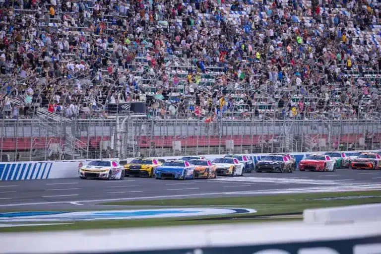 Oct 5, 2025; Concord, North Carolina, USA; The green flag drops on the final stage at Charlotte Motor Speedway Road Course.