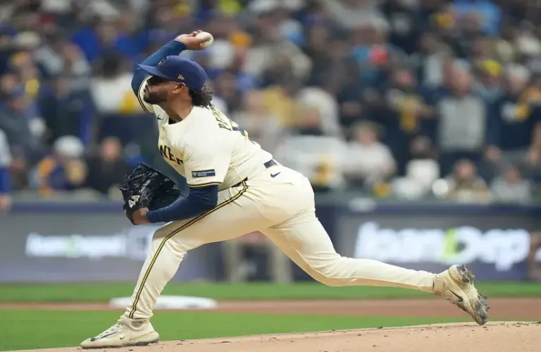 Milwaukee Brewers starting pitcher Freddy Peralta (51) pitches during the first inning of the National League Championship Series game against the Los Angeles Dodgers October 14, 2025 at American Family Field in Milwaukee, Wisconsin.