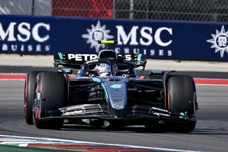 Shovlin; Oct 19, 2025; Austin, TX, USA; Mercedes AMG Petronas driver George Russell (63) of Team Great Britain drives during the 2025 US Grand Prix at Circuit of The Americas in Austin, Texas.