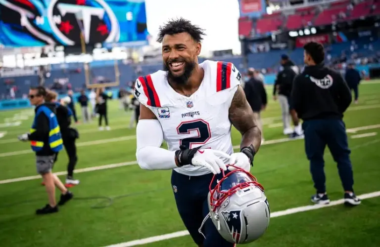 New England Patriots linebacker Harold Landry III exits the field after defeating the Tennessee Titans