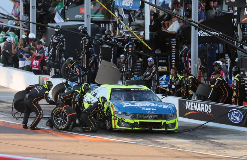 Nov 2, 2025; Avondale, Arizona, USA; NASCAR Cup Series driver Ryan Blaney (12) pits during the NASCAR Championship race at Phoenix Raceway.