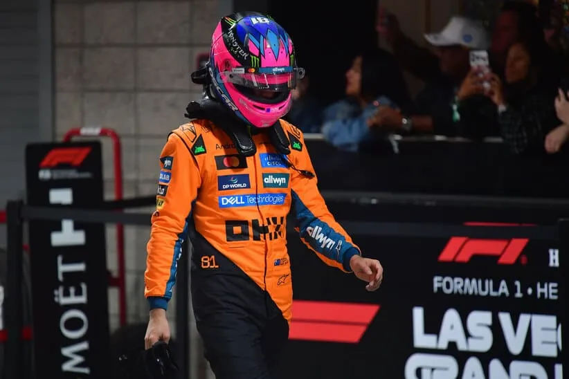 Nov 21, 2025; Las Vegas, NV, USA; McLaren driver Oscar Piastri (81) reacts after qualifying fifth for the Las Vegas Grand Prix at Las Vegas Strip Circuit.