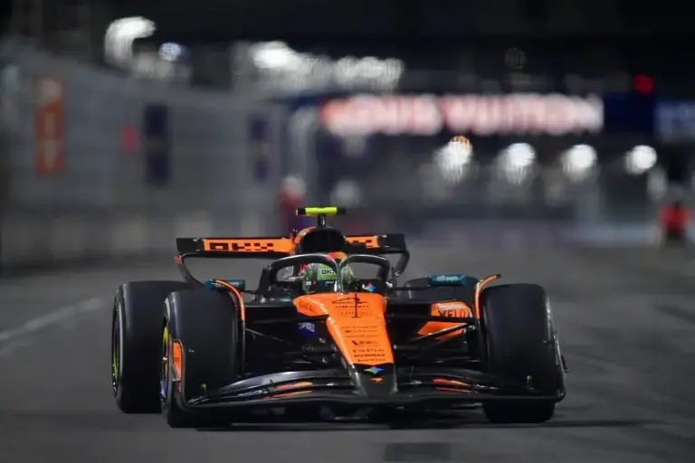 Stella; Nov 21, 2025; Las Vegas, NV, USA; McLaren driver Lando Norris (4) during the Las Vegas Grand Prix at Las Vegas Strip Circuit.