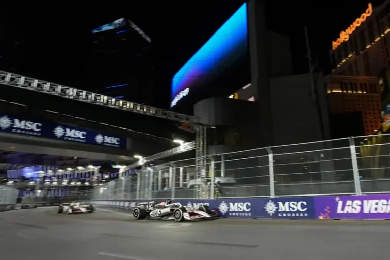 Haas F1 Team driver Esteban Ocon (31) drives during the Las Vegas Grand Prix at the Las Vegas Strip Circuit. Mandatory Credit: Lucas Peltier-Imagn Images