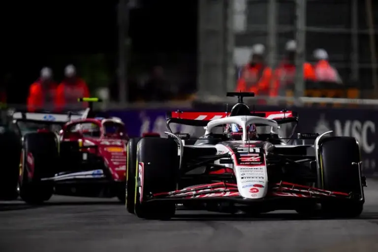 Nov 21, 2025; Las Vegas, NV, USA; Haas F1 Team driver Esteban Ocon (31) leads Ferrari driver Lewis Hamilton (44) during the Las Vegas Grand Prix at Las Vegas Strip Circuit.