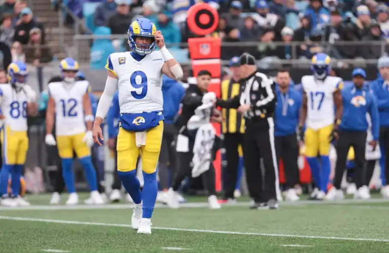 Los Angeles Rams quarterback Matthew Stafford calls a play in the fourth quarter against the Carolina Panthers at Bank of America Stadium
