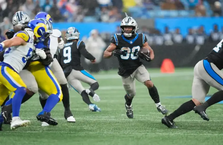 Carolina Panthers running back Chuba Hubbard (30) carries the ball in the fourth quarter against the Los Angeles Rams.