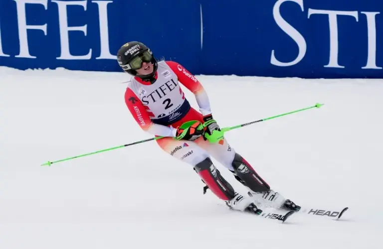Camille Rast of Switzerland reacts during the second run of the women's slalom alpine skiing race at the Stifel Copper Cup at Copper Mountain. How will the event unfold at the Olympics?