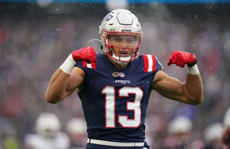 ; New England Patriots wide receiver Mack Hollins (13) reacts after a play against the Buffalo Bills in the first quarter at Gillette Stadium
