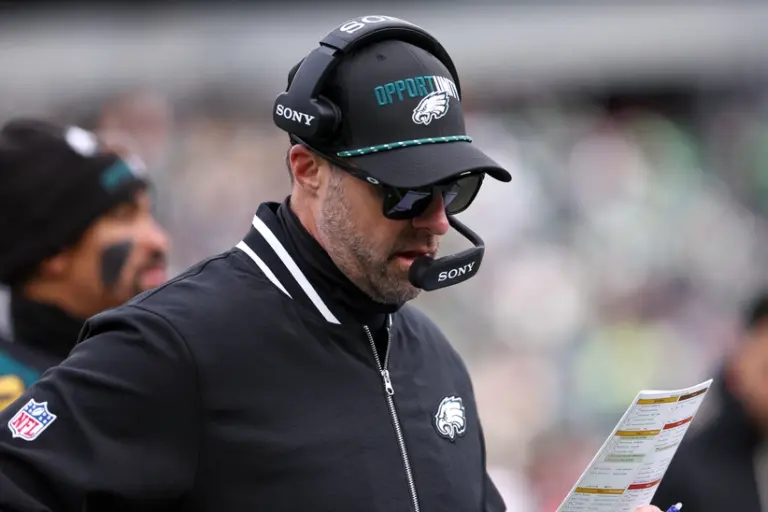 Philadelphia Eagles offensive coordinator Kevin Patullo during the first quarter against the Las Vegas Raiders at Lincoln Financial Field.