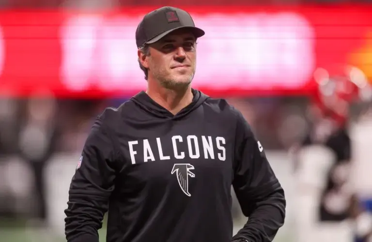Atlanta Falcons offensive coordinator Zac Robinson on the field before a game against the Los Angeles Rams at Mercedes-Benz Stadium