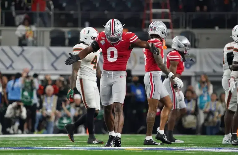 ; Ohio State Buckeyes linebacker Sonny Styles (0) reacts in the in the second quarter against the Miami Hurricanes during the 2025 Cotton Bowl and quarterfinal game of the College Football Playoff at AT&T Stadium.