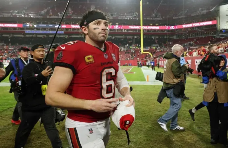 Tampa Bay Buccaneers quarterback Baker Mayfield (6) leaves the field after defeating the Carolina Panthers at Raymond James Stadium.
