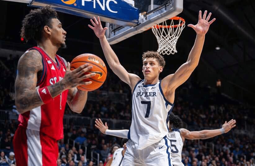 Butler player guards inbound pass.