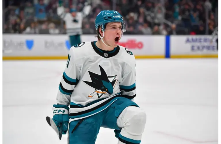 Sharks center Macklin Celebrini celebrates his goal scored against the Kings