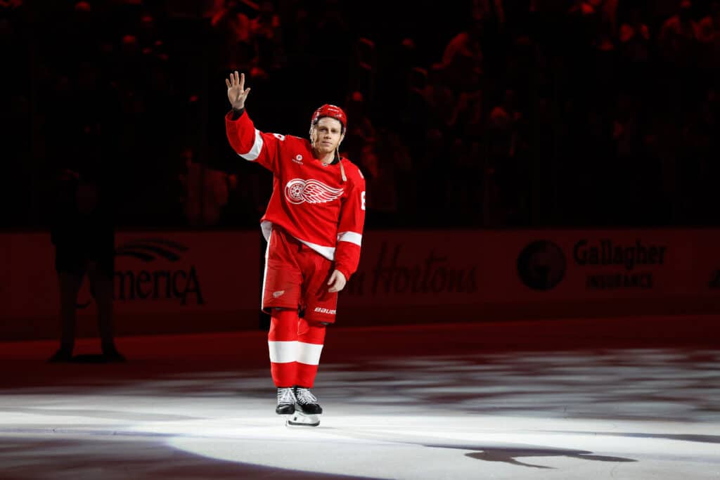 Red Wings forward Patrick Kane is honored as a star of the game at Little Caesars Arena, site of the Rangers vs. Red Wings opener