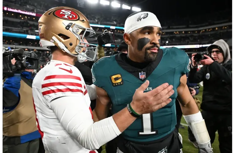 Jalen Hurts shaking Brock Purdy's hand after Eagles loss to 49ers during Wild Card Weekend