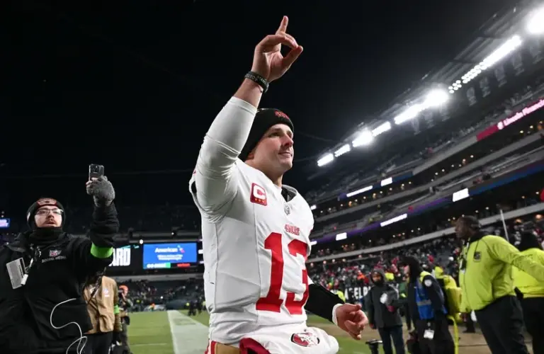 San Francisco 49ers quarterback Brock Purdy (13) leaves the field after an NFC Wild Card Round game against the Philadelphia Eagles at Lincoln Financial Field.