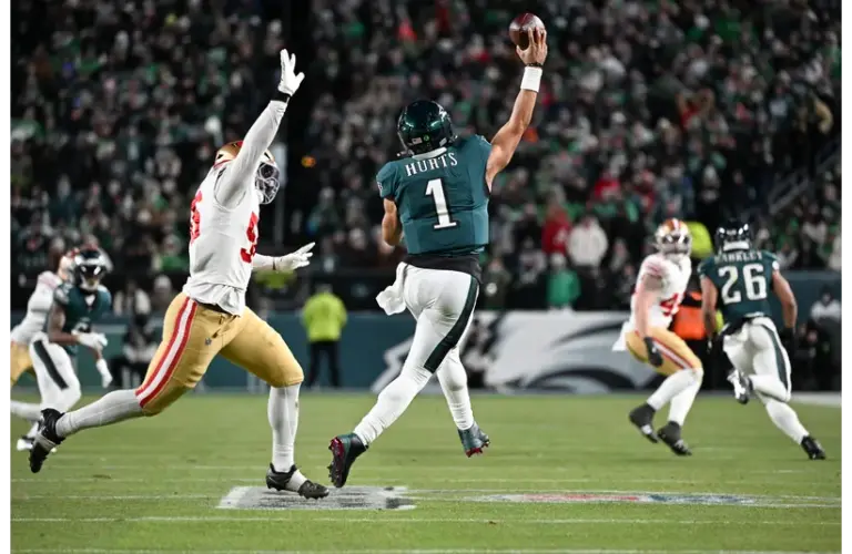 Eagles QB Jalen Hurts Passing under pressure in 2026 Wild Card Round vs 49ers