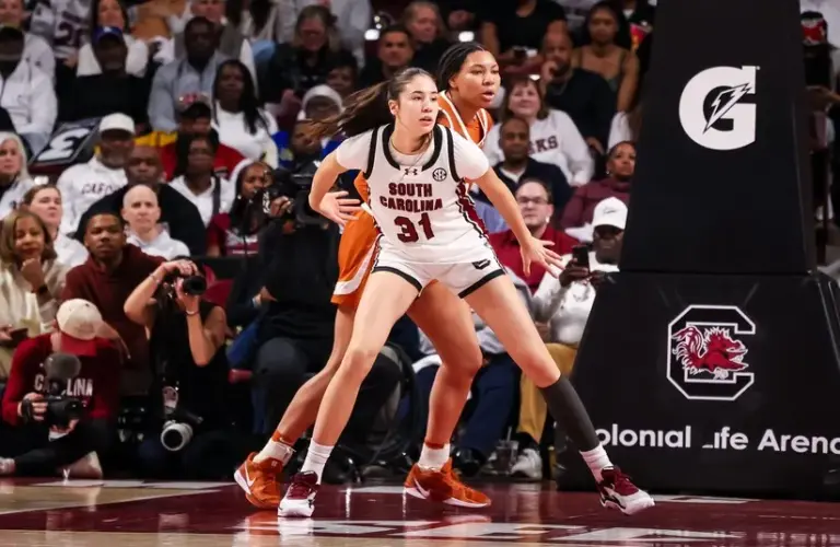 South Carolina Gamecocks forward Alicia Tournebize (31) battles for position against the Texas Longhorns in the first half at Colonial Life Arena.