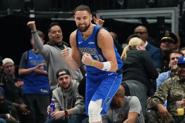 ; Dallas Mavericks guard Klay Thompson (31) reacts after hitting a three point basket to move to fourth on the all time NBA three point baskets made list during the first half against the Utah Jazz at American Airlines Center.