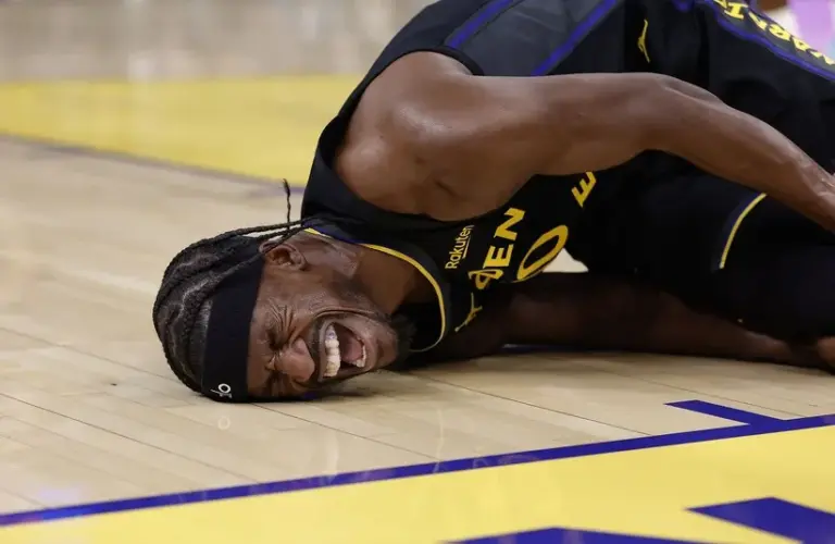 Golden State Warriors forward Jimmy Butler III (10)he goes down with a knee injury during the third quarter against the Miami Heat at Chase Center