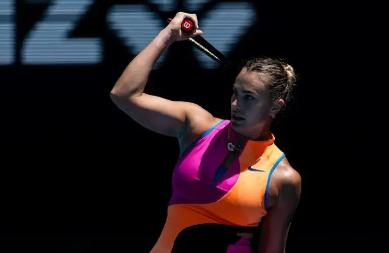Aryna Sabalenka in action against Zhuoxuan Bai of China in the second round of the women’s singles at the Australian Open at Rod Laver Arena in Melbourne Park