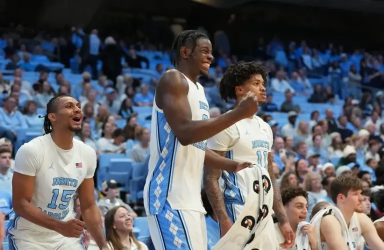 UNC Tar Heels Forward Jarin Stevenson (15) and forward Caleb Wilson (8) and forward Jonathan Powell (11) react in the second half at Dean E. Smith Center