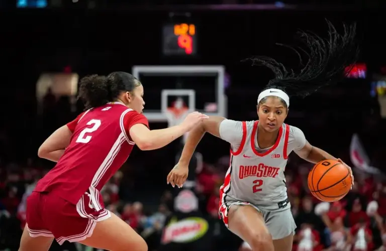 Ohio State Buckeyes guard Chance Gray (2) dribbles the ball against Indiana Hoosiers guard Nevaeh Caffey (2)