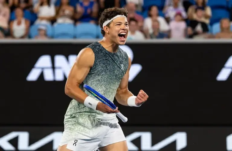 Ben Shelton of United States celebrates his victory over Valentin Vacherot of Monaco in the third round of the menís singles at the Australian Open at Margaret Court Arena in Melbourne Park
