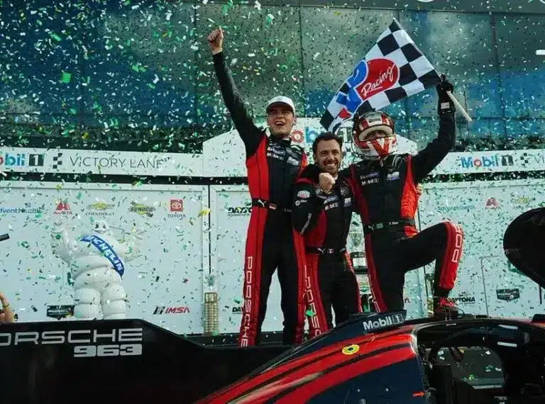 Laurin Heinrich, Julien Andlauer and Felipe Nasr (7) of Porsche Penske Motorsports celebrate their Rolex 24 win in Victory Lane, Sunday, Jan. 25, 2026 at Daytona International Speedway.