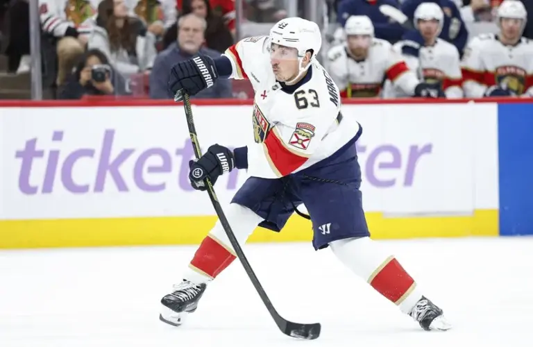 ; Florida Panthers left wing Brad Marchand (63) shoots the puck against the Chicago Blackhawks during the second period at United Center