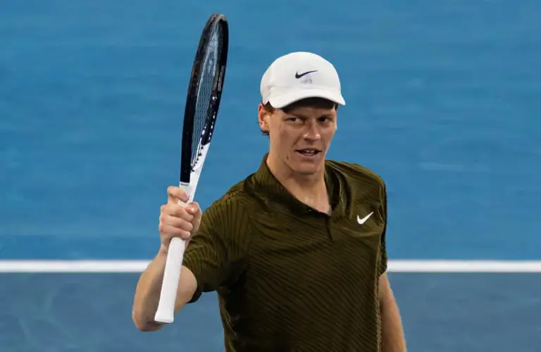 Jannik Sinner of Italy celebrates his victory over Luciano Darderi of Italy in the fourth round of the menís singles at the Australian Open at Margaret Court Arena in Melbourne Park