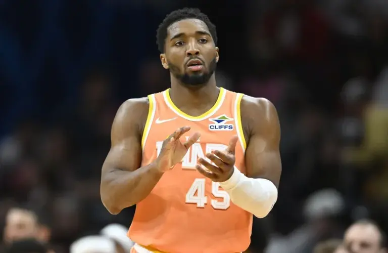 Cleveland Cavaliers guard Donovan Mitchell (45) stands on the court in the third quarter against the Orlando Magic at Rocket Arena