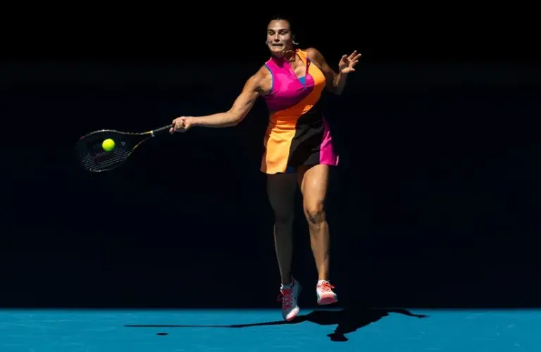 Aryna Sabalenka in action against Iva Jovic of United States in the quarterfinals of the womenís singles at the Australian Open at Rod Laver Arena in Melbourne Park
