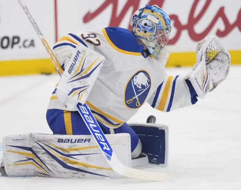 Player Safety; Toronto, Ontario, CAN; Buffalo Sabres goaltender Colten Ellis (92) makes a save during warm up before a game against the Toronto Maple Leafs at Scotiabank Arena.