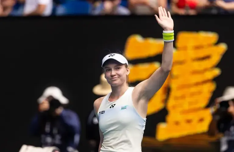 Elena Rybakina of Kazakhstan celebrates her victory over Iga Swiatek of Poland in the quarterfinals of the women’s singles at the Australian Open at Rod Laver Arena in Melbourne Park