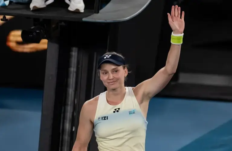 Elena Rybakina of Kazakhstan celebrates her victory over Jessica Pegula of United States in the semifinals of the womenís singles at the Australian Open at Rod Laver Arena in Melbourne Park.